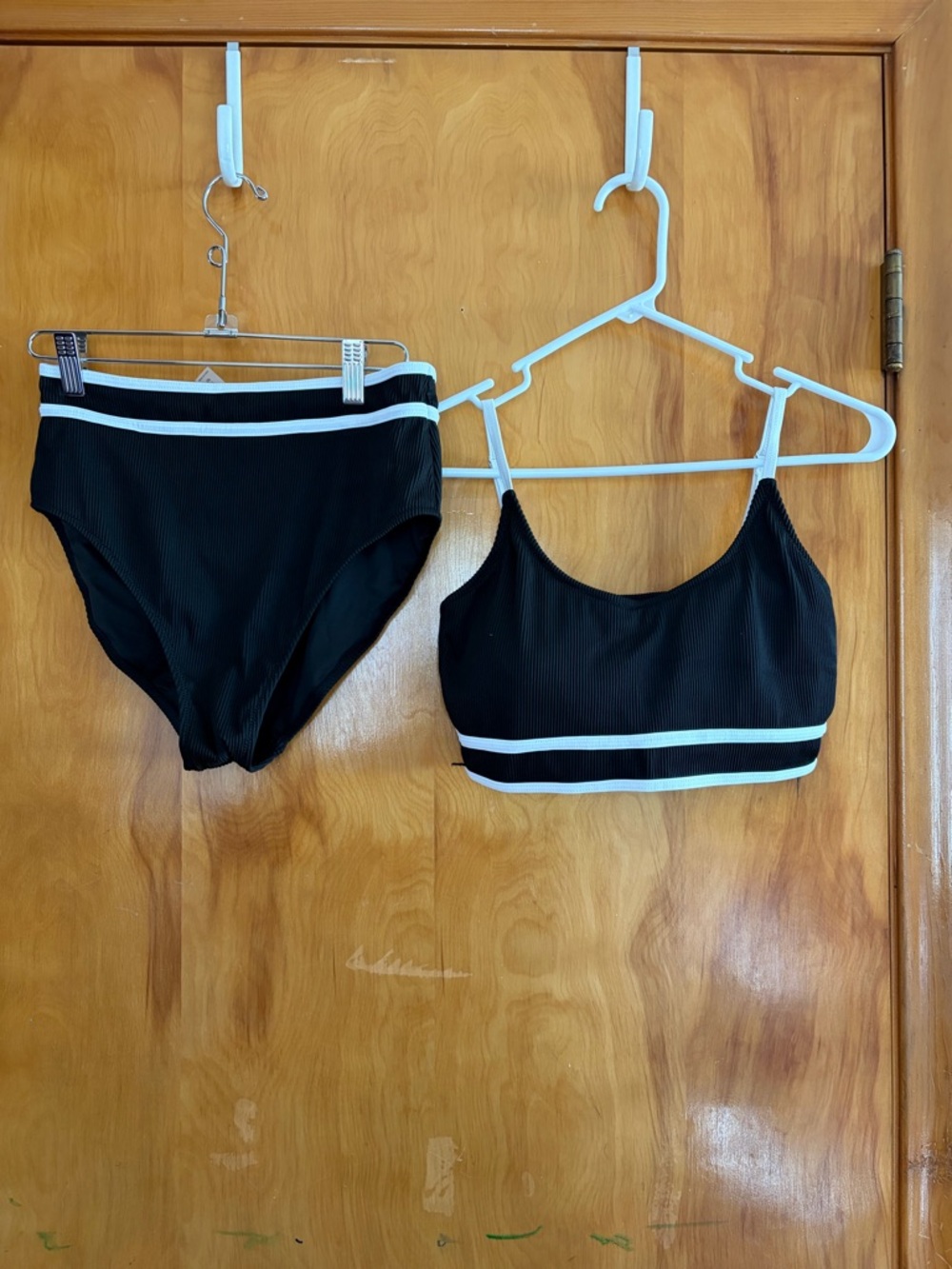 Black Ribbed Bikini Set with White Stripe Trim